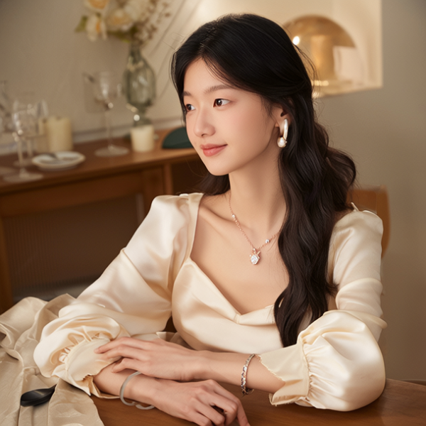 生活瞬间，美女，韩系美女，丝绸，美妆广告，家庭餐桌，4K超清，写实风格，温馨，柔和室内光，细腻皮肤，项链，耳环，手链。